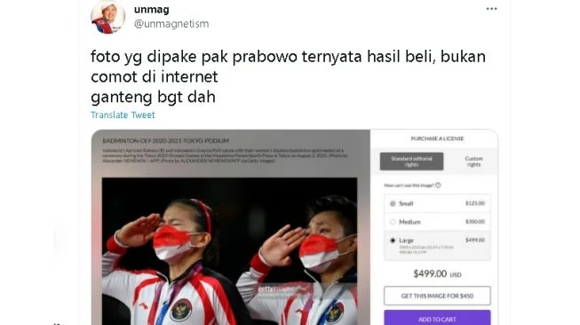 Foto Greysia/Apriyani untuk Ucapan Selamat di IG Prabowo Subianto Ternyata Hasil Beli, Bukan Asal Comot