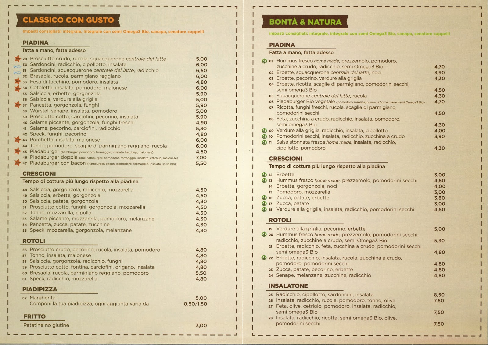 Menu e Prezzi Piadineria LA PIADINA DEL CHIOSCO IL RISTORO DEI