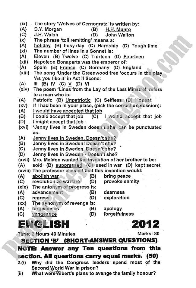 English-2012-five-year-paper-class-XI