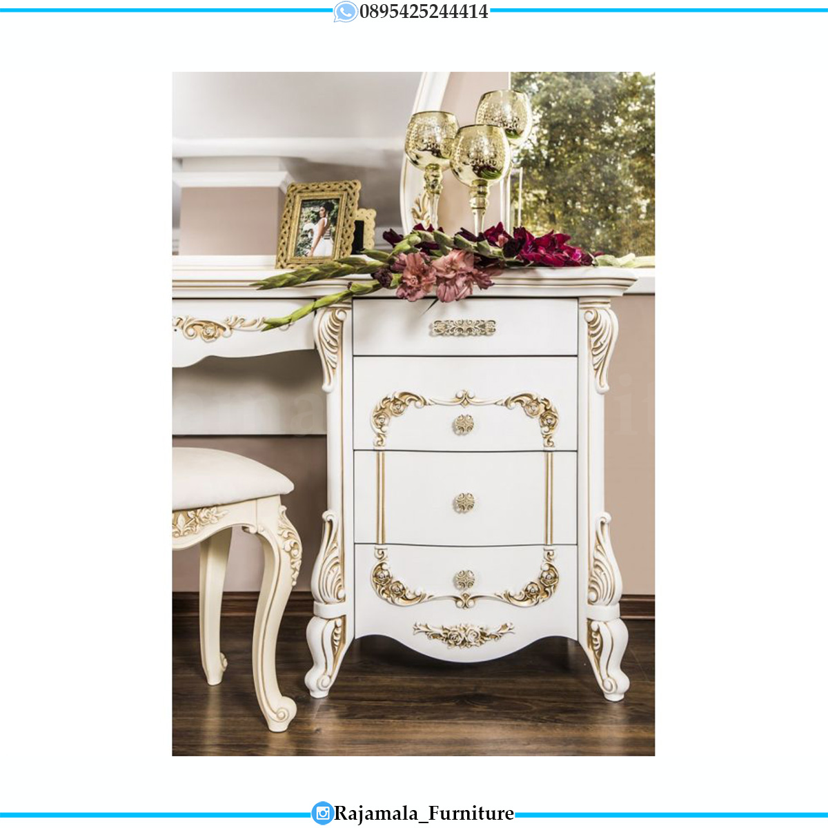 Meja Rias Mewah Putih Duco Golden Combination Luxury Carving Jepara RM-0545