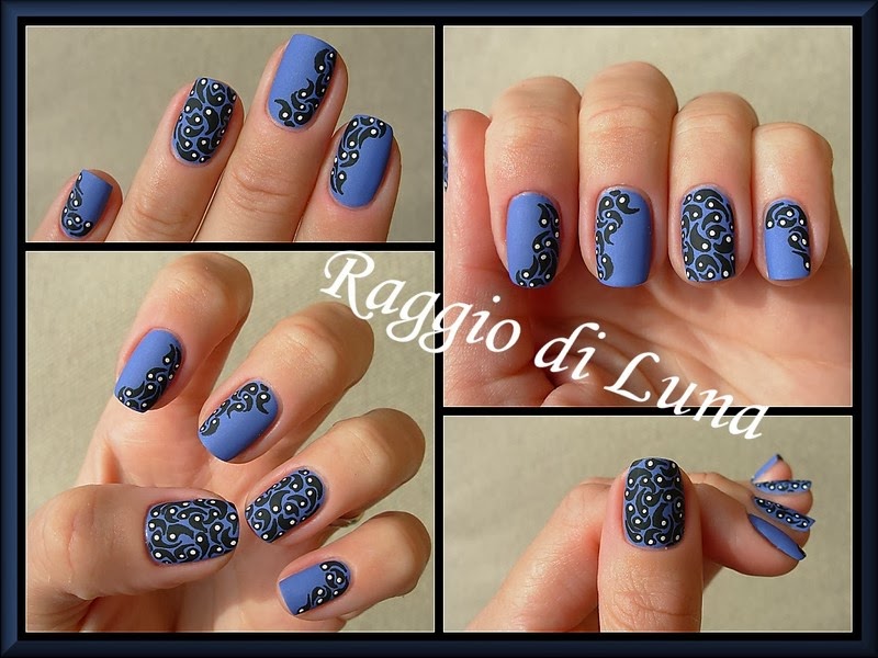 Raggio di Luna Nails: Black curved drops on matte denim blue