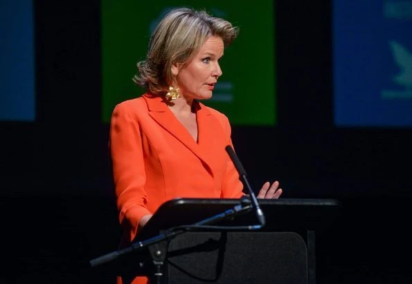 Queen Mathilde of Belgium visited Academics for Development at Leuven Catholic University (KU Leuven). Queen Mathilde wore Natan crepe jumpsuit