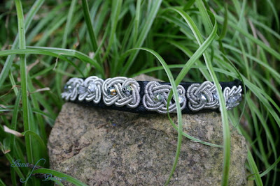 Handmade coiled wire leather bracelet with beads, Celtic square knot