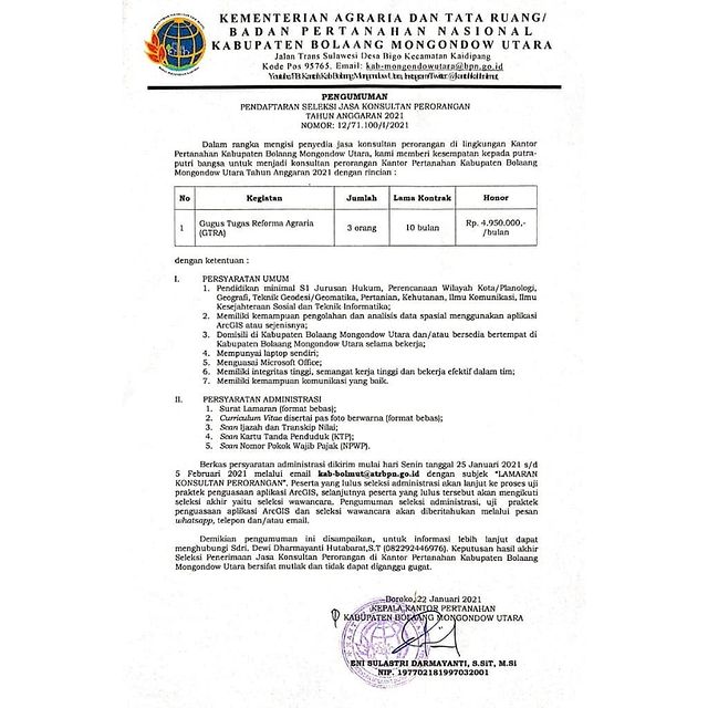 Lowongan Kerja Non PNS Kementerian ATR/BPN Minimal S1 Bulan Februari