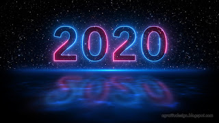 Number 2020 Neon Light Style With Shadow On Blue Light Water Surface Against Dark Starry Sky Of The Space