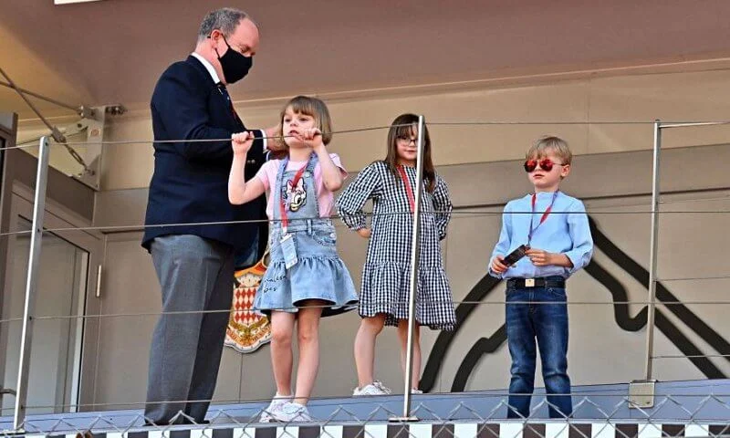 Princess Gabriella wore a blue denim daisy duck dress from Monnalisa. Prince Jacques, Pierre Casiraghi and Kaia Rose Wittstock