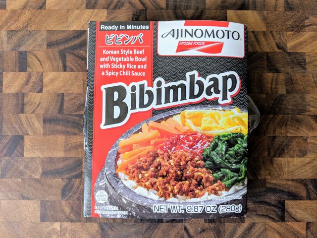 Packaging for Ajinomoto Bibimbap frozen meal.