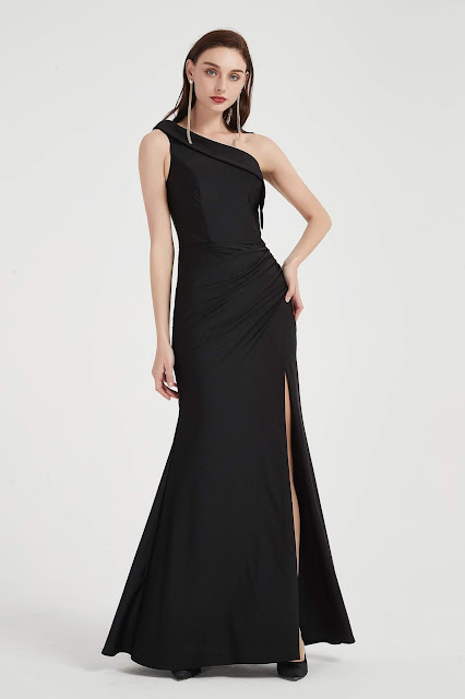 Black One Shoulder High Slit Party Evening Dress-eDressit