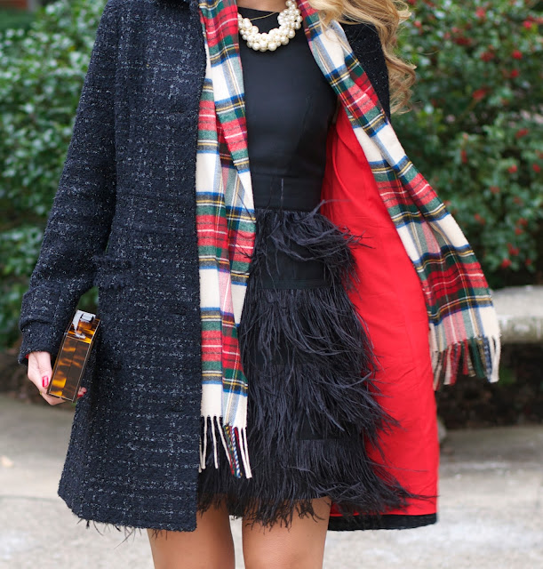 Sail to Sable Tweed Coat and Feathered Party Dress