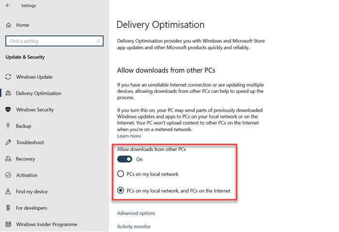 Descargue actualizaciones y aplicaciones de Windows desde otras PC con Windows 10