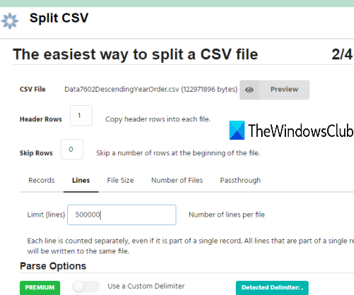 Strumento online Split CSV