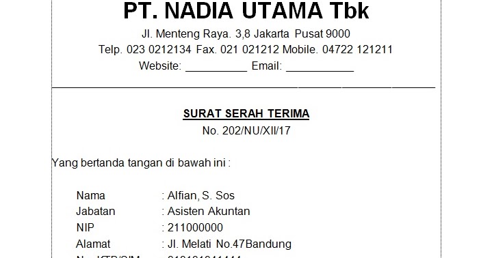 Contoh Surat Serah Terima Dokumen Sederhana