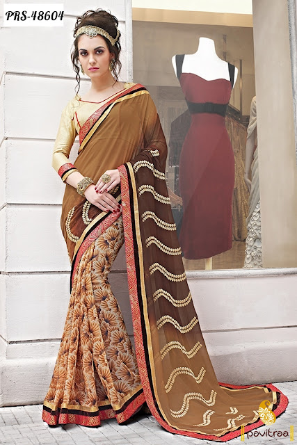 Diwali festival special brown chiffon embroidery saree online shopping at best discount price