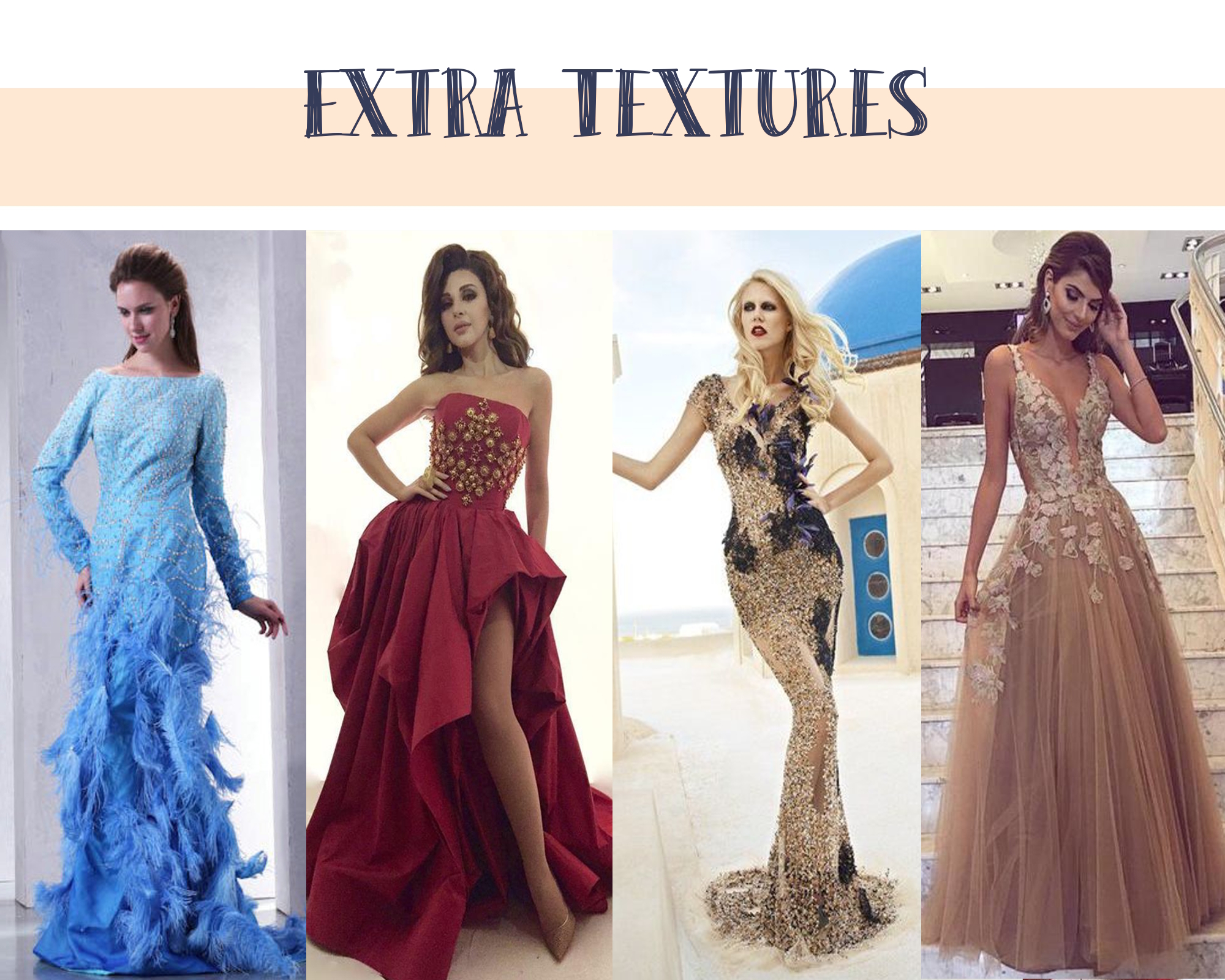 fashion collage with three evening dress trends for prom