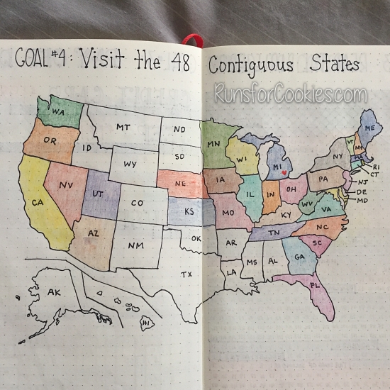 bullet journal map of United States travel