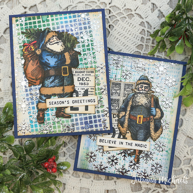 Christmas Cards with Stenciled Backgrounds with Distress Ink and Foil by Juliana Michaels