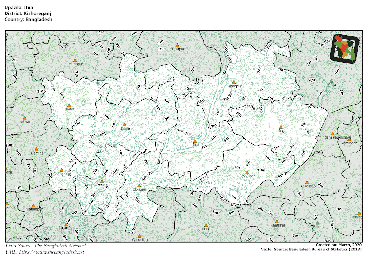 Itna Upazila Elevation Map Kishoreganj District Bangladesh