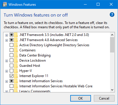 Windows 10 optional features