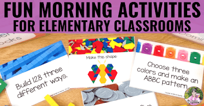 Photo of math morning work task cards with text, "Fun Morning Activities For Elementary Classrooms."