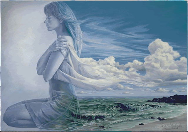Uma jovem como se estivesse meditando, sentindo a brisa do mar.