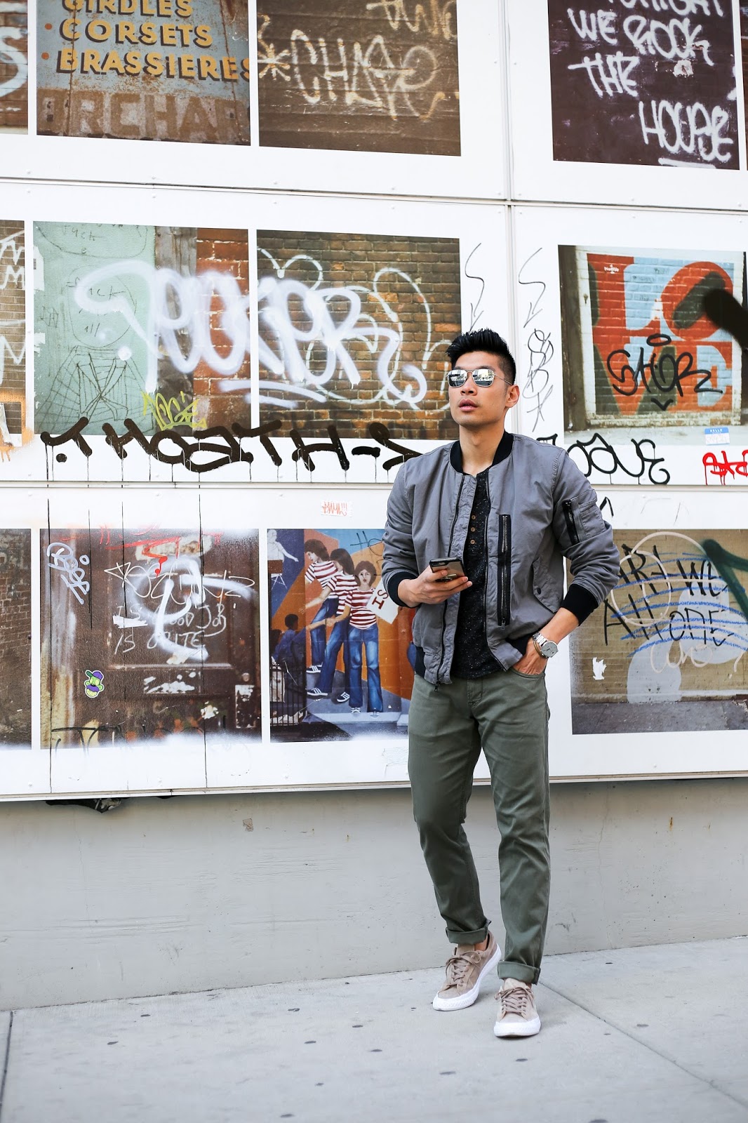 Leo Chan, Menswear Style wearing Hudson Jeans and Bomber Jacket, Todd Snyder PF Flyers Suede Sneakers