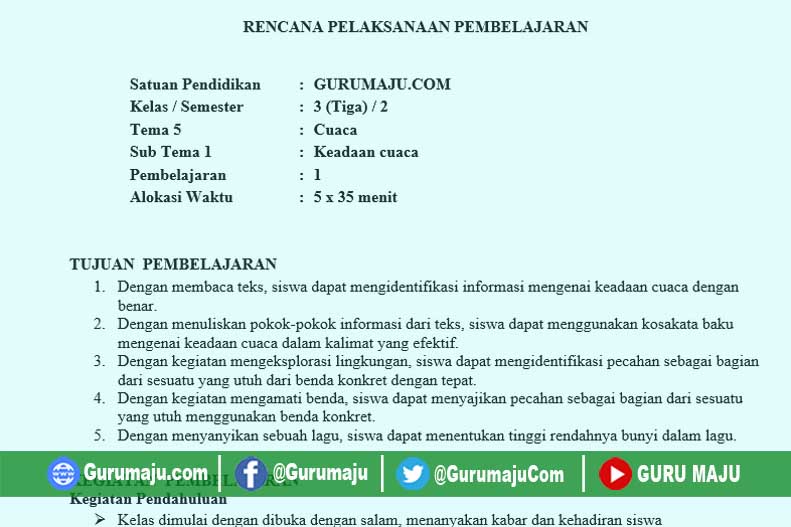 RPP 1 LEMBAR KELAS 3 SEMESTER 2 TEMA 5 REVISI 2022 GURU MAJU