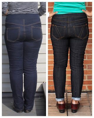 Sewing pattern comparison of the Liana Stretch Jeans vs. the Ginger Jeans.
