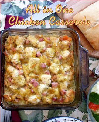 All in One Chicken Casserole: chicken, ham and vegetables on a bed of hash browns, smothered in sauce, and baked in one pan. | Recipe developed by www.BakingInATornado.com | #recipe #dinner