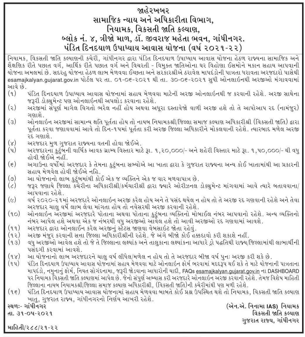 Gujarat Makan Sahay Yojana: Pandit Din Dayal Upadhyay Awas Yojana 2021-22