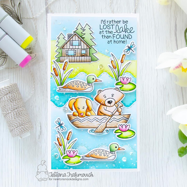 Lost at the Lake Card by Tatiana Trafimovich | Winston's Lake House Stamp Set, Sea Borders Die Set and Land Borders Die Setby Newton's Nook Designs #newtonsnook #handmade