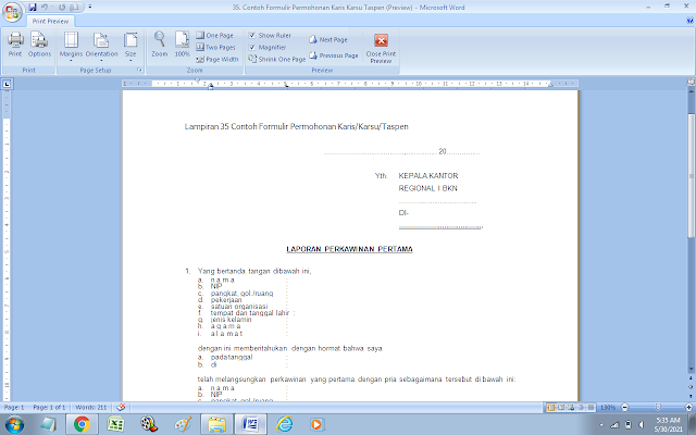 Contoh Formulir Permohonan Karis/Karsu/Taspen