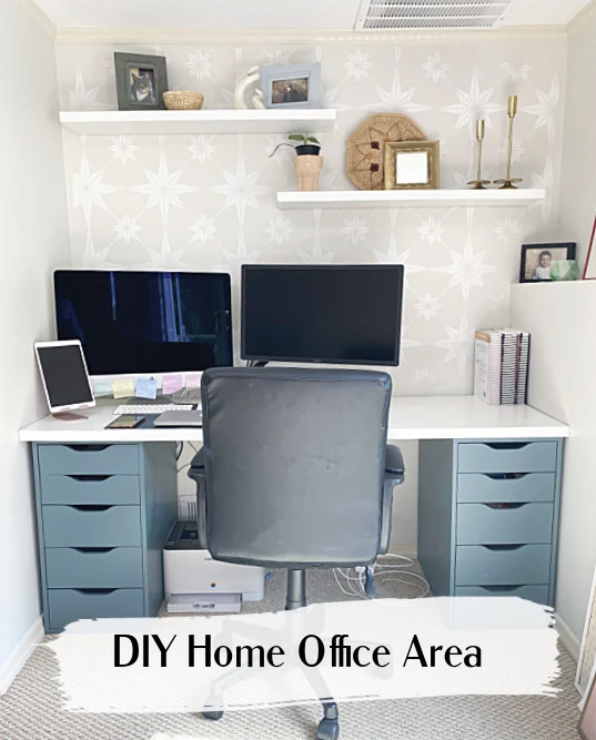 home office with shelves and overlay