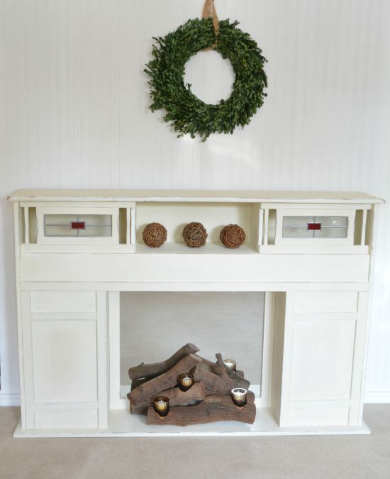 Repurposed MidCentury Modern Headboard Faux Fireplace Interior