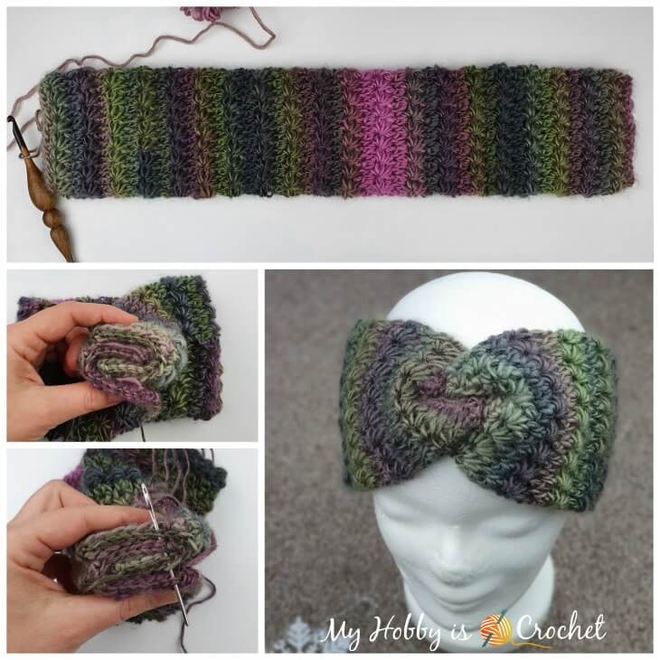 sewing a crochet headband with a twist
