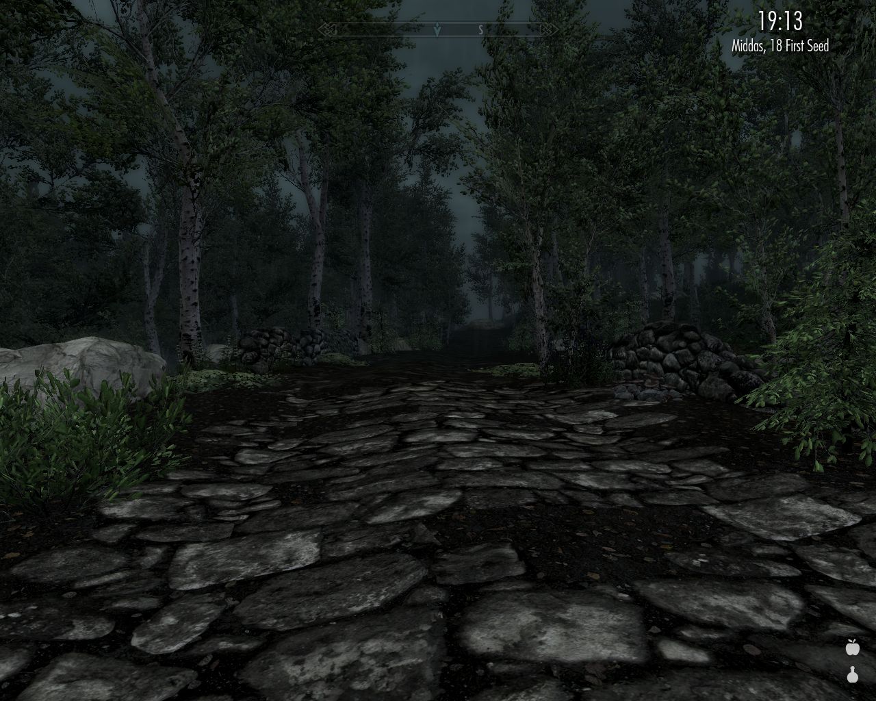 evening, paved road leads slightly uphill into distance, trees, mostly birches, on both sides