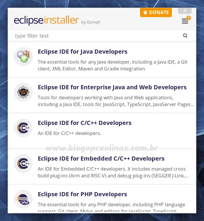 Na tela principal do instalador do Eclipse IDE, selecione o pacote que deseja instalar