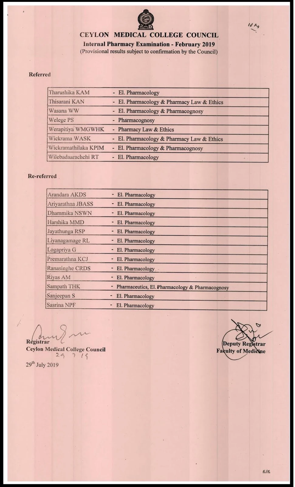 Results Released Internal Pharmacy Examination (February2019) Teacher
