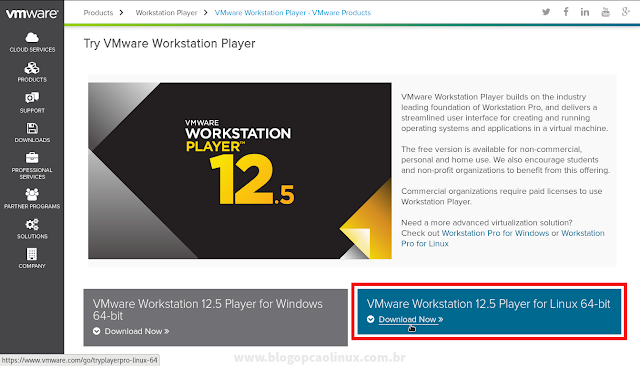 Página de download do VMware Workstation Player em 20 de dezembro de 2016