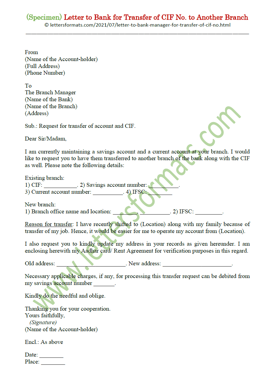 Draft Letter to Bank for Transfer of CIF No. to Another Branch