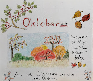 Bunte Herbstlandschaft, mit Aquarellstiften gemalt.