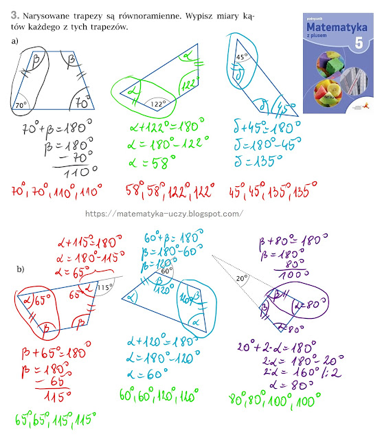 Zad.3 str. 133 "Matematyka z plusem 5" Miary kątów w trapezach