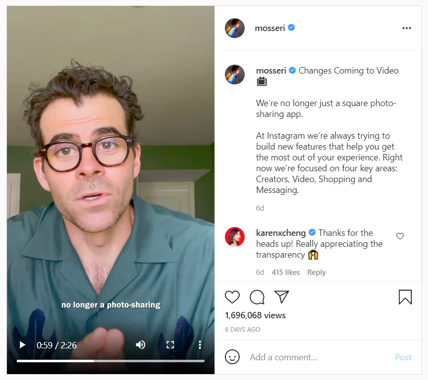 Adam Mosseri in a video clip on Instagram