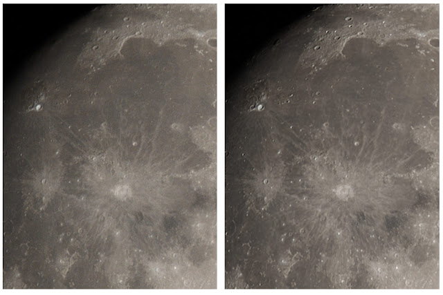 Showing comparison between a single image on the left and a stacked image on the right