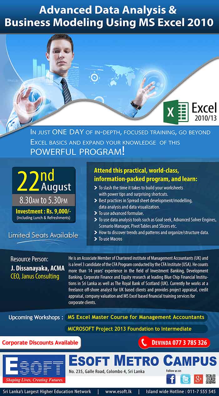  One Day Workshop on Advanced Data Analysis & Business Modeling Using MS Excel 2010.