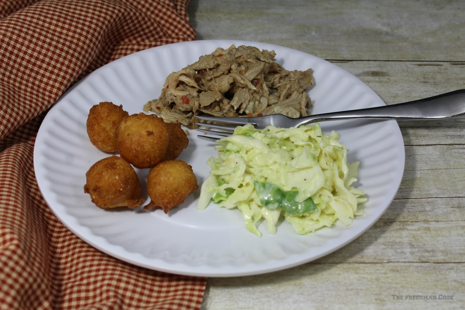 The Freshman Cook North Carolina BBQ with Cole Slaw and Hush Puppies