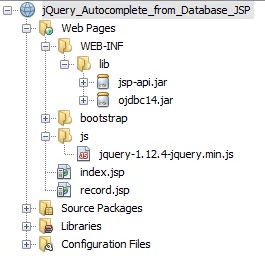 Complete project directory structure of jQuery Autocomplete from database in JSP with NetBeans IDE