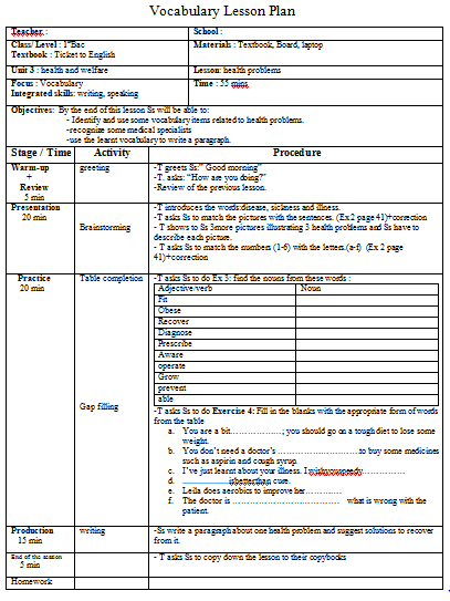1st Bac Lesson Plans Ticket To English 1 Unit 3 Health And Welfare