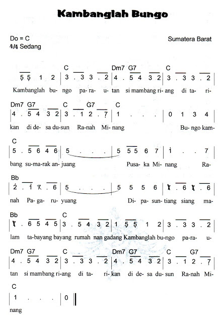 Not Angka Pianika Lagu Kambanglah Bungo Sumatera Barat Recorder Keyboard Suling Chord Piano