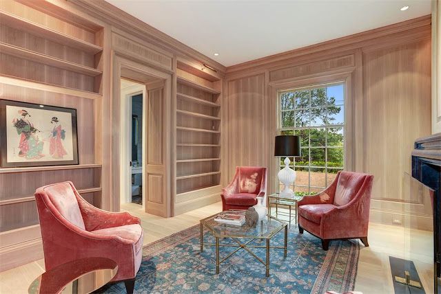 Washington DC luxury mansion Kalorama den builtin shelves regency style limestone