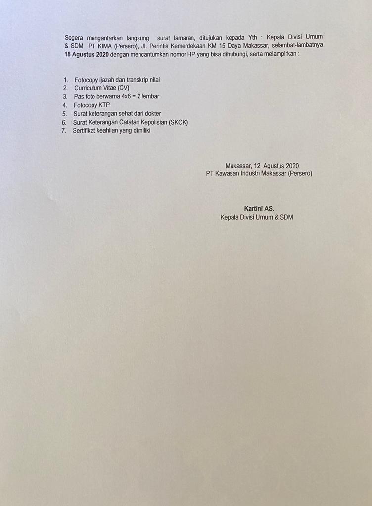Lowongan Kerja BUMN PT KIMA (Persero) Bulan Agustus 2020 - REKRUTMEN